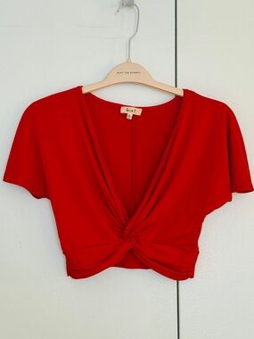Love J Red Twist Front Crop Top Flutter Sleeve Size S